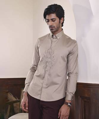 Brown plain cotton men's dune shirt 1