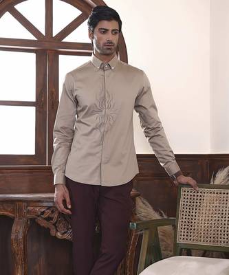 Brown plain cotton men's dune shirt 2