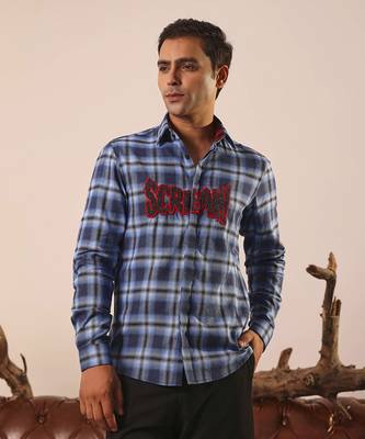 Blue plain cotton men's oversized blue checks shirt 1