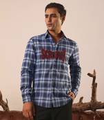 Blue plain cotton men's oversized blue checks shirt
