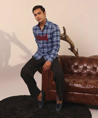 Blue plain cotton men's oversized blue checks shirt 3