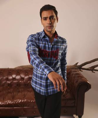 Blue plain cotton men's oversized blue checks shirt 4