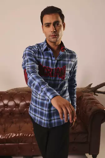 Blue plain cotton men's oversized blue checks shirt