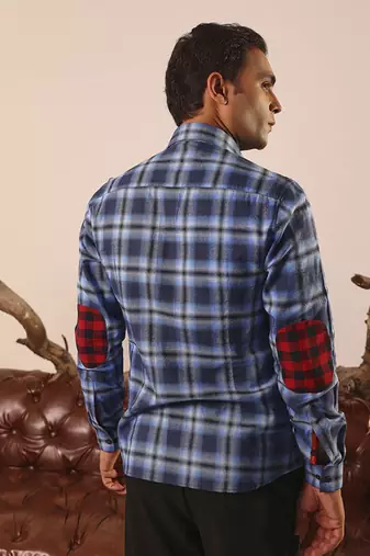 Blue plain cotton men's oversized blue checks shirt