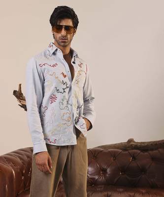 Blue printed cotton men's shirt 1
