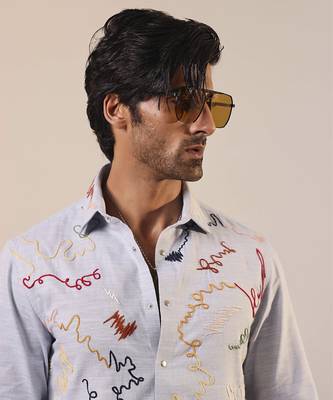 Blue printed cotton men's shirt 2