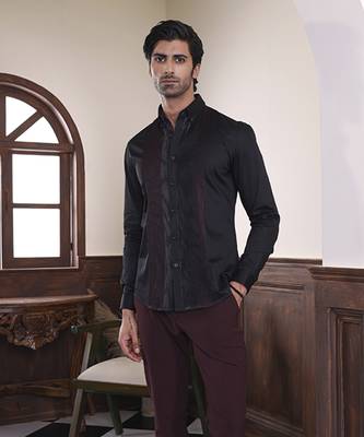 Black plain cotton men's shirt with intricate red and silver pintucks 1