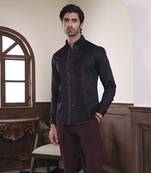Black plain cotton men's shirt with intricate red and silver pintucks