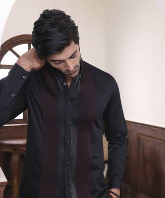 Black plain cotton men's shirt with intricate red and silver pintucks 3