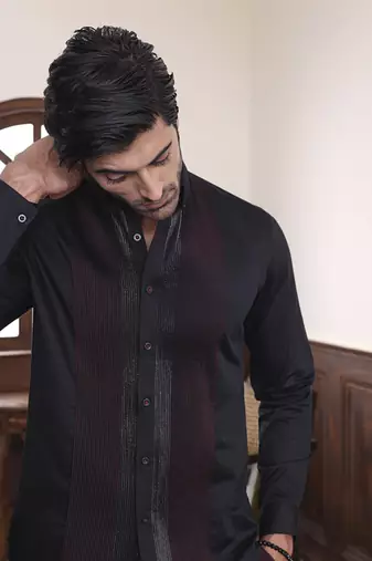 Black plain cotton men's shirt with intricate red and silver pintucks