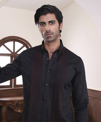 Black plain cotton men's shirt with intricate red and silver pintucks 4
