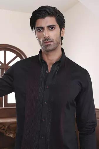 Black plain cotton men's shirt with intricate red and silver pintucks