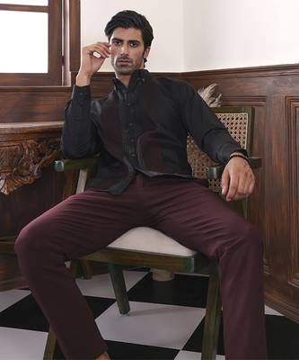 Black plain cotton men's shirt with intricate red and silver pintucks 5