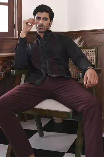 Black plain cotton men's shirt with intricate red and silver pintucks