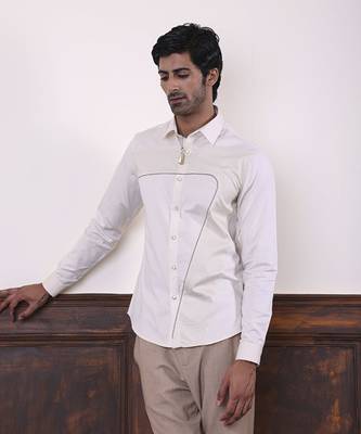 Beige plain cotton men's shirt with geometric pattern 1