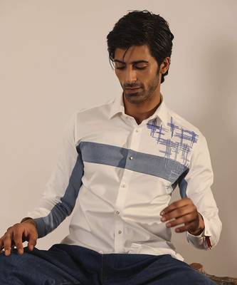 White plain cotton men's shirt with denim patches 1