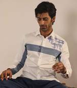 White plain cotton men's shirt with denim patches