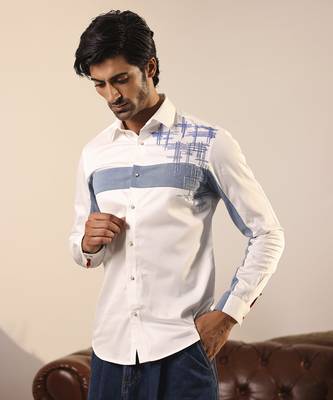 White plain cotton men's shirt with denim patches 2