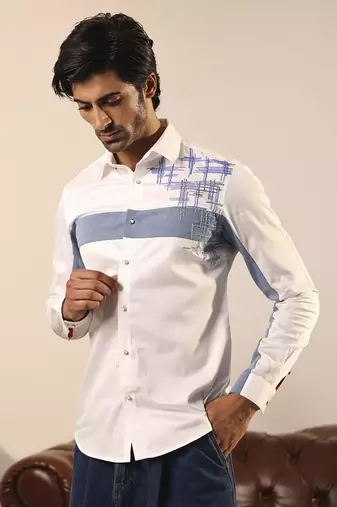 White plain cotton men's shirt with denim patches