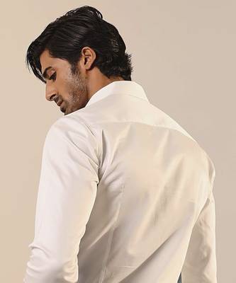 White plain cotton men's shirt with denim patches 5