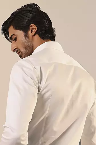 White plain cotton men's shirt with denim patches