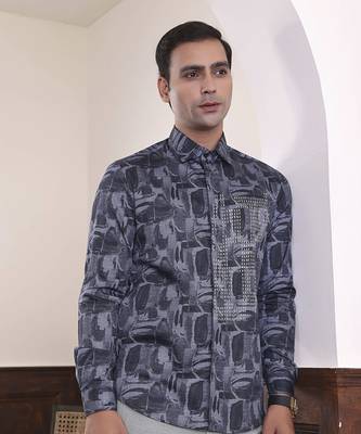 Grey geometric printed cotton men's shirt 1