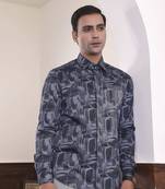 Grey geometric printed cotton men's shirt