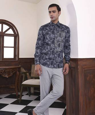 Grey geometric printed cotton men's shirt 2