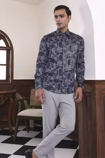 Grey geometric printed cotton men's shirt
