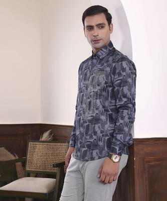 Grey geometric printed cotton men's shirt 4