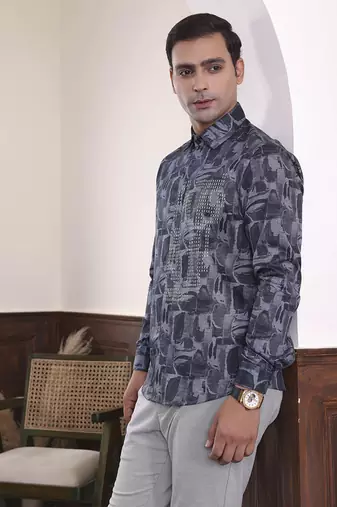 Grey geometric printed cotton men's shirt