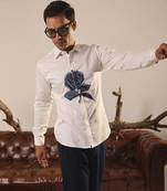 White printed cotton men's shirt adorned with a denim patched flower