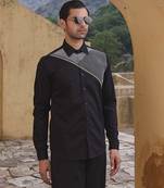 Black printed cotton men's shirt with series of white diagonal stitch line