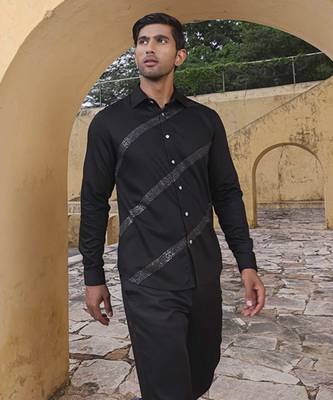 Black plain cotton men's shirt features stitch lines of silver zari 1