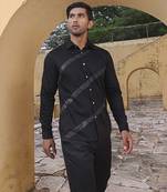 Black plain cotton men's shirt features stitch lines of silver zari