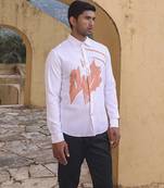White plain viscose men's shirt with abstract orange print