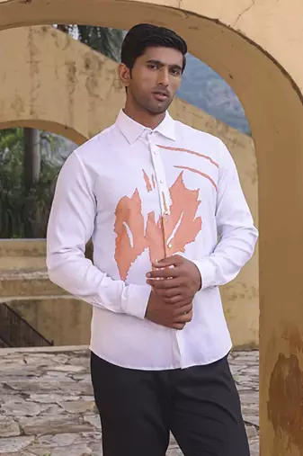 White plain viscose men's shirt with abstract orange print