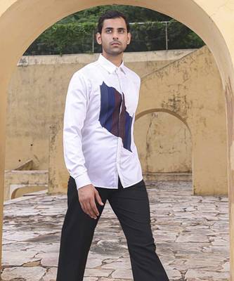 White printed cotton men's shirt with abstract patch on the front 1