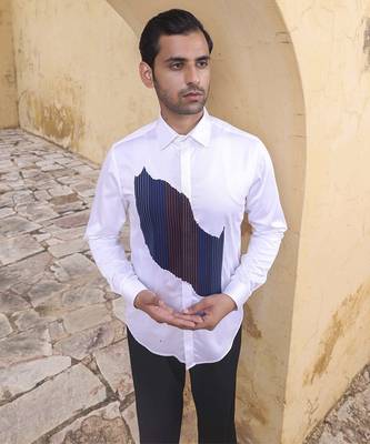 White printed cotton men's shirt with abstract patch on the front 4