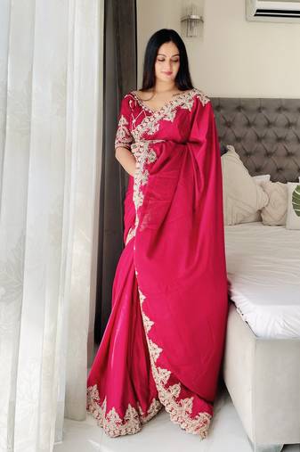Bright pink embroidery saree chiffon silk with banglori silk unstitched blouse