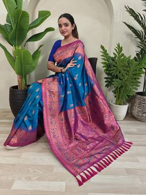 Royal Blue Paithani silk blend Meenakari Weaving Saree 2