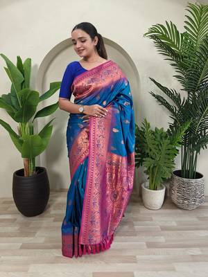 Royal Blue Paithani silk blend Meenakari Weaving Saree 3