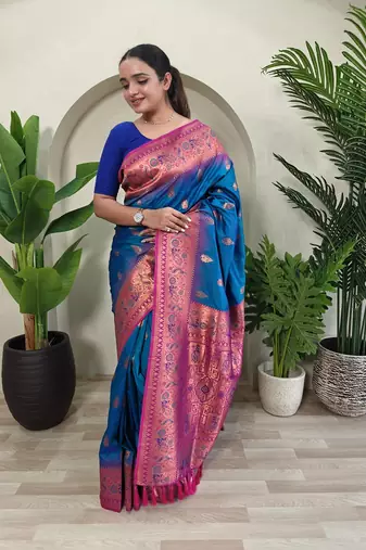 Royal Blue Paithani silk blend Meenakari Weaving Saree