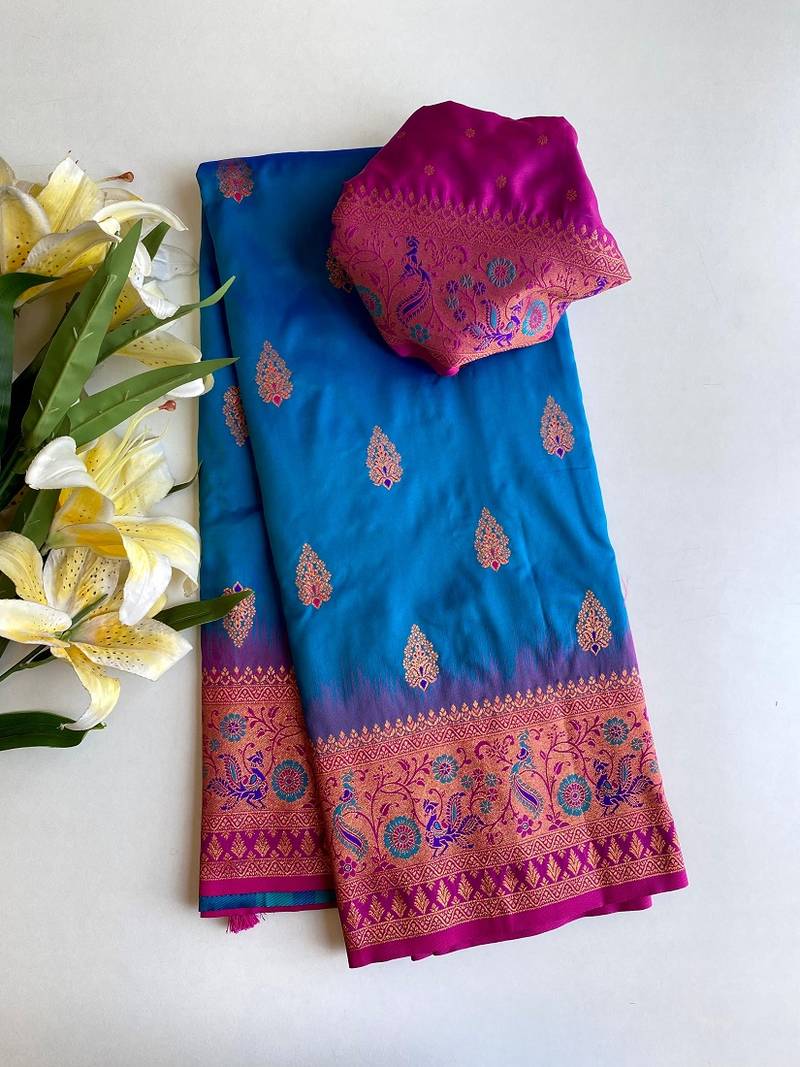 Royal Blue Paithani silk blend Meenakari Weaving Saree
