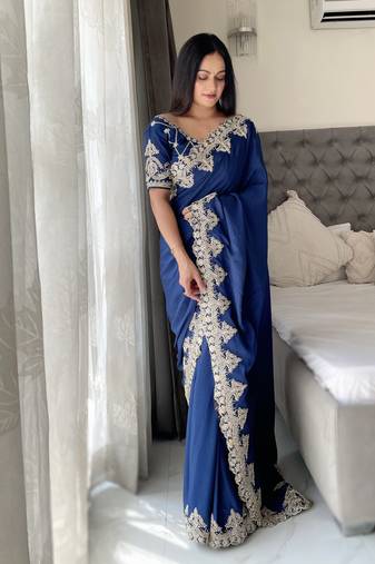 Royal blue embroidery saree chiffon silk with banglori silk unstitched blouse