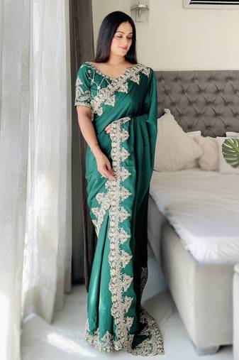 Green embroidery saree chiffon silk with banglori silk unstitched blouse