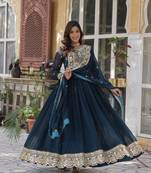 Teal blue Embroidery Zari Sequin Work Long Kurti with Dupatta