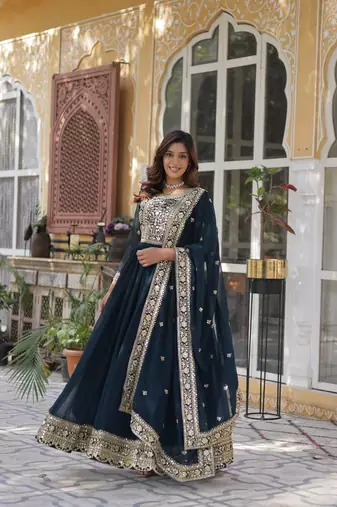 Teal blue Embroidery Zari Sequin Work Long Kurti with Dupatta