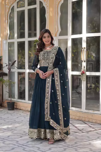Teal blue Embroidery Zari Sequin Work Long Kurti with Dupatta