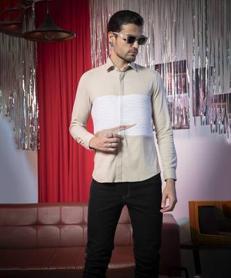 Beige plain poly viscose fabric men's shirt 1